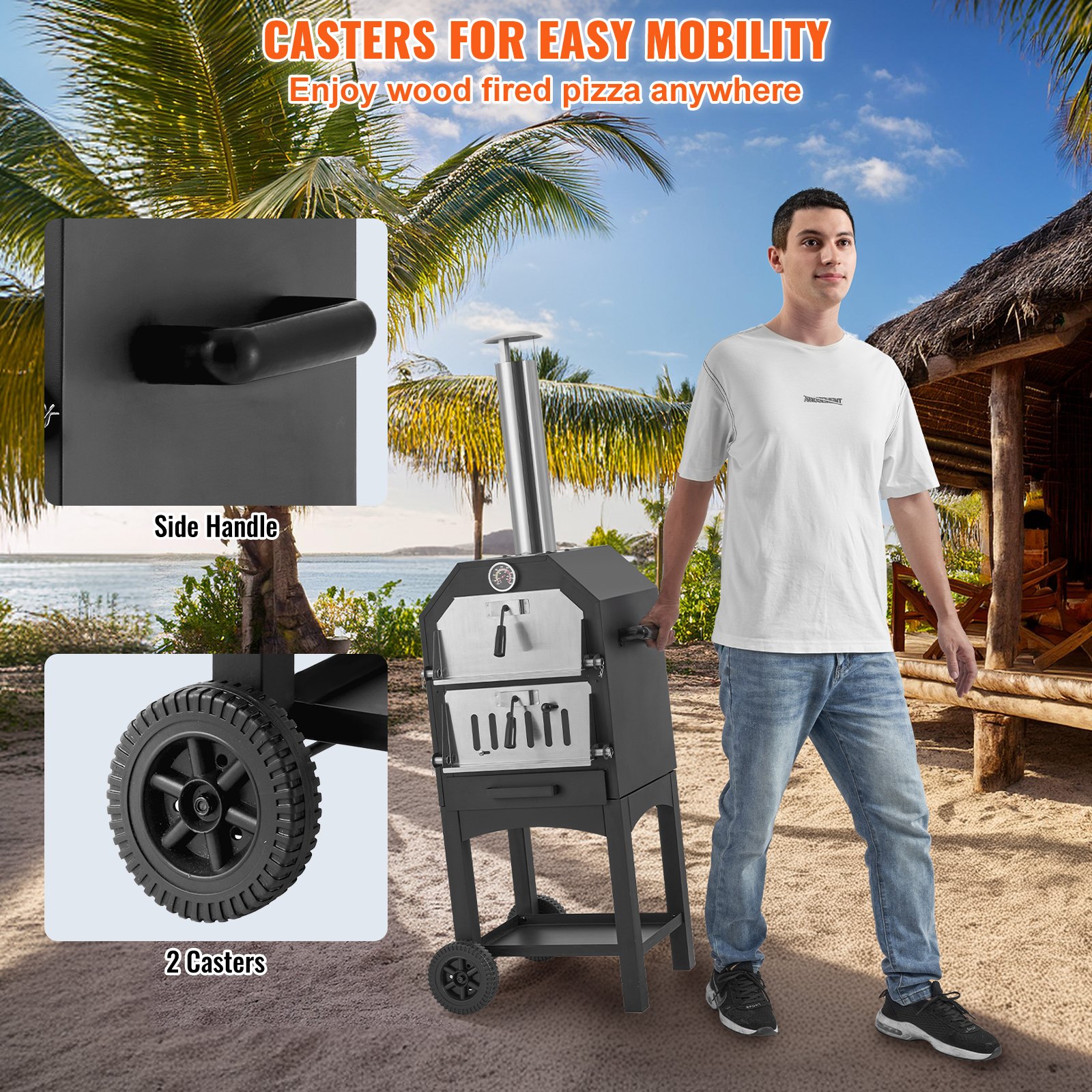 VEVOR Pizzaofen Holzofen (30,48 cm), 2-lagiger Pizzaofen mit Holzfeuerung, Holzbefeuerter Outdoor-Ofen mit 2 abnehmbaren Rädern, 371 ℃ Maximaltemperatur, holzbefeuerter Pizzaofen zum Grillen