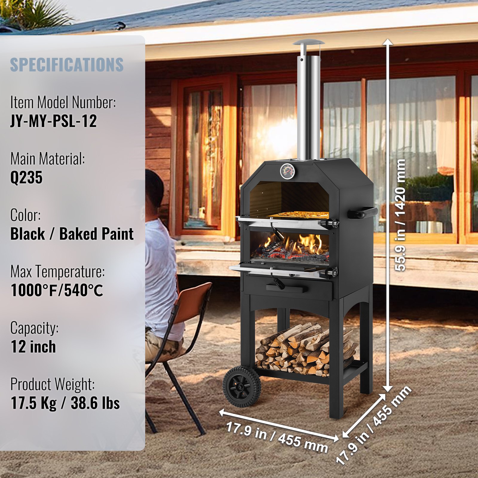 VEVOR Pizzaofen Holzofen (30,48 cm), 2-lagiger Pizzaofen mit Holzfeuerung, Holzbefeuerter Outdoor-Ofen mit 2 abnehmbaren Rädern, 371 ℃ Maximaltemperatur, holzbefeuerter Pizzaofen zum Grillen