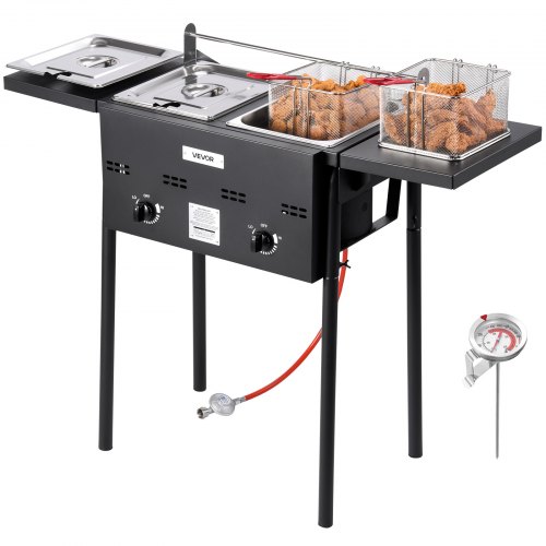 VEVOR Propan-Fritteuse Outdoor gewerbliche Fritteuse mit 2 Tanks (9 L x 2), Edelstahl-Kocher mit faltbarer Plattform & Doppelkorb & Wärmeregulierung, Standfritteusen für Restaurants Snackbars.Die Gasventilschnittstelle ist nur mit Deutschland