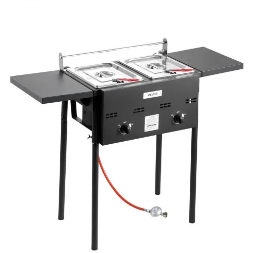 VEVOR Propan-Fritteuse Outdoor gewerbliche Fritteuse mit 2 Tanks (9 L x 2), Edelstahl-Kocher mit faltbarer Plattform & Doppelkorb & Wärmeregulierung, Standfritteusen für Restaurants Snackbars.Die Gasventilschnittstelle ist nur mit Deutschland