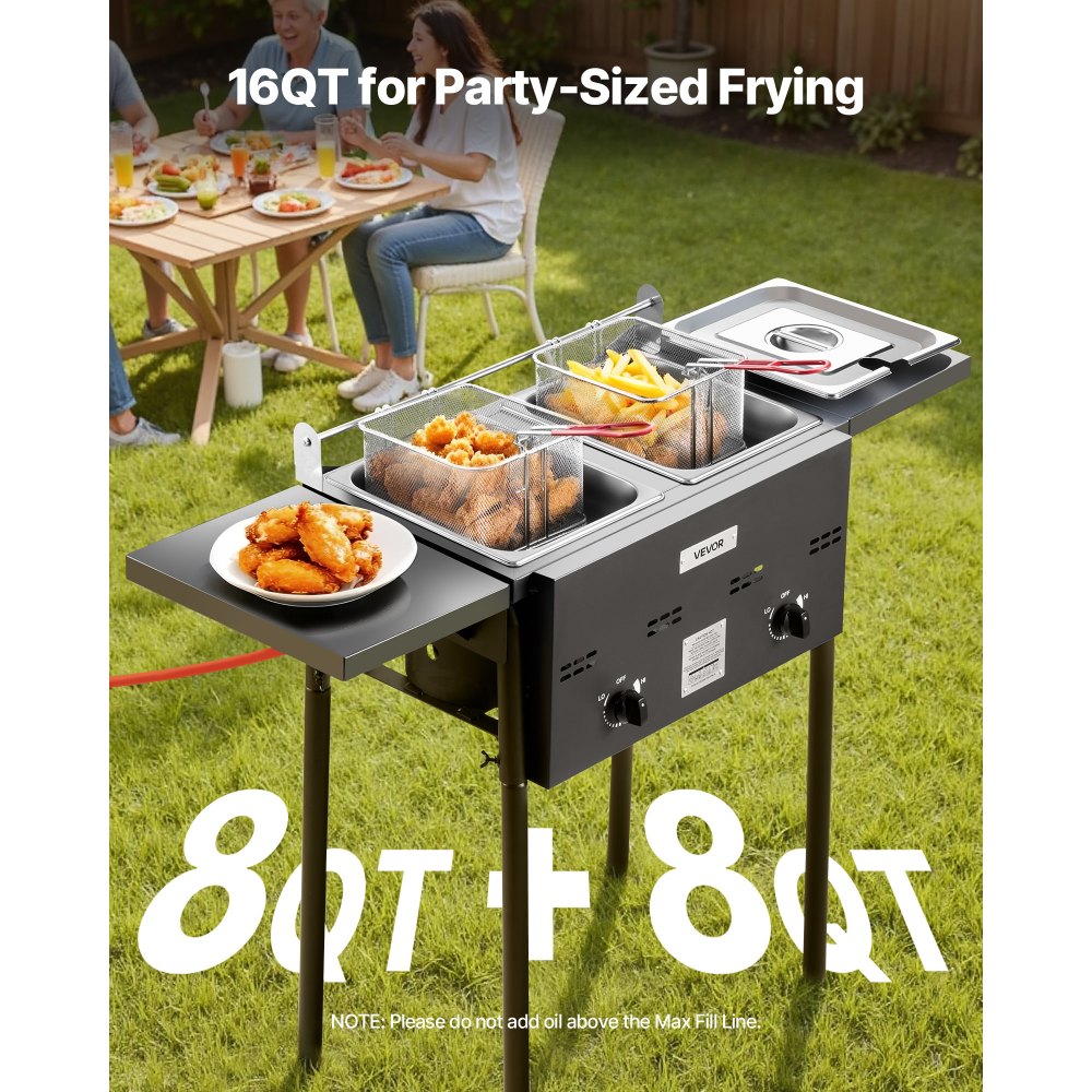 VEVOR Propan-Fritteuse Outdoor gewerbliche Fritteuse mit 2 Tanks (9 L x 2), Edelstahl-Kocher mit faltbarer Plattform & Doppelkorb & Wärmeregulierung, Standfritteusen für Restaurants Snackbars