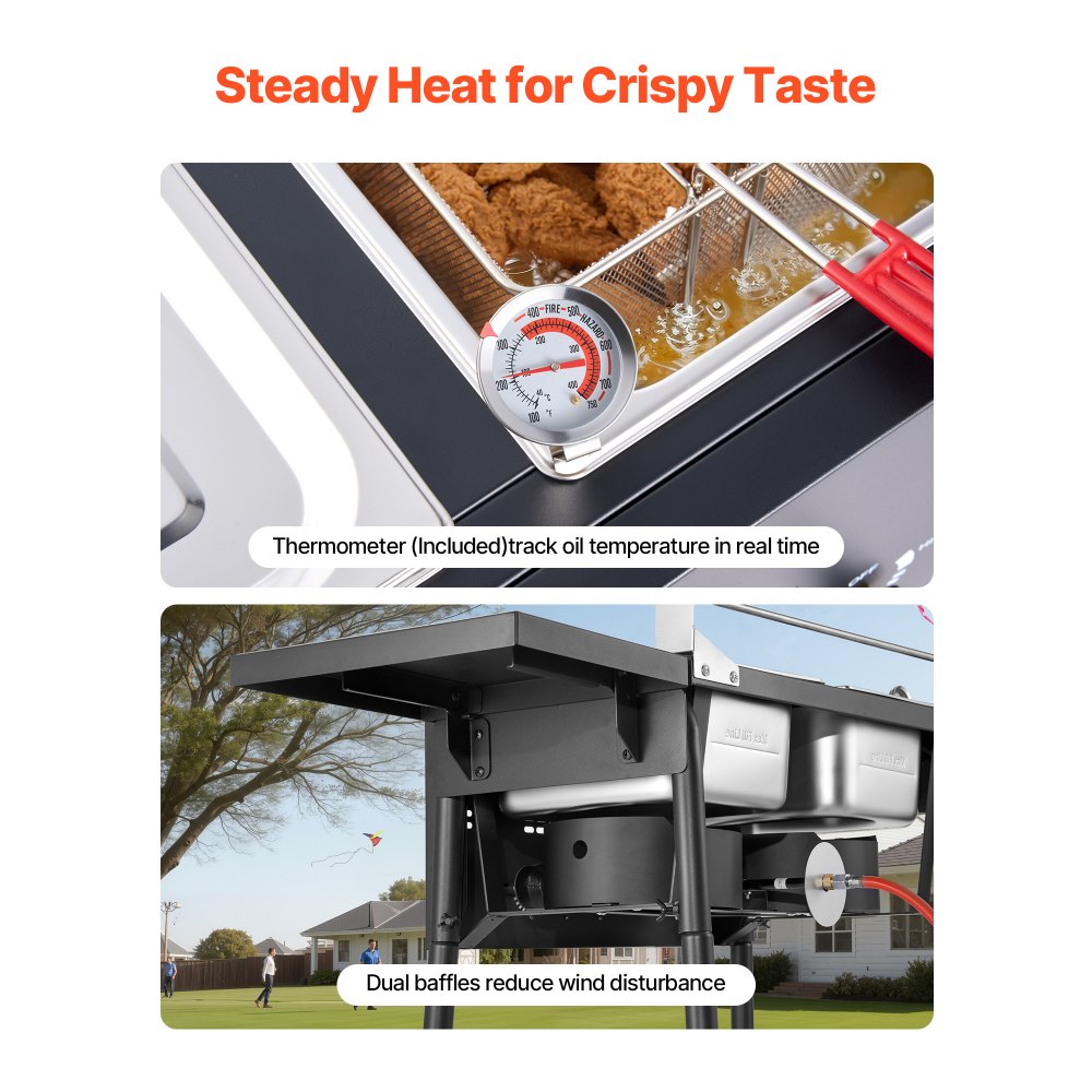 VEVOR Propan-Fritteuse Outdoor gewerbliche Fritteuse mit 2 Tanks (9 L x 2), Edelstahl-Kocher mit faltbarer Plattform & Doppelkorb & Wärmeregulierung, Standfritteusen für Restaurants Snackbars