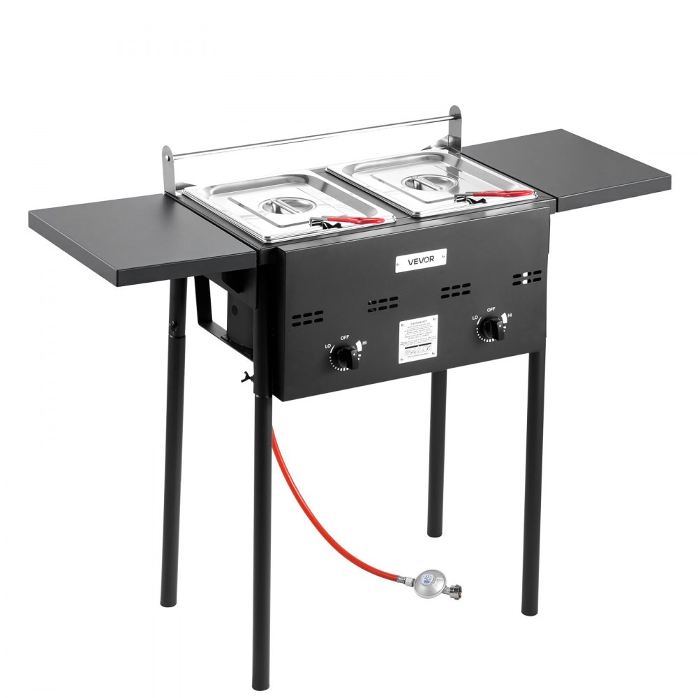 VEVOR Propan-Fritteuse Outdoor gewerbliche Fritteuse mit 2 Tanks (9 L x 2), Edelstahl-Kocher mit faltbarer Plattform & Doppelkorb & Wärmeregulierung, Standfritteusen für Restaurants Snackbars