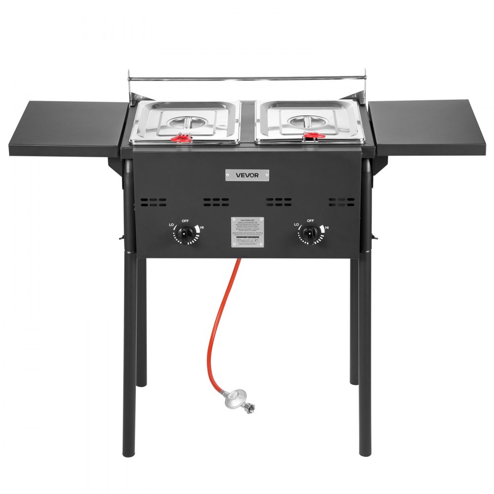 VEVOR Propan-Fritteuse Outdoor gewerbliche Fritteuse mit 2 Tanks (9 L x 2), Edelstahl-Kocher mit faltbarer Plattform & Doppelkorb & Wärmeregulierung, Standfritteusen für Restaurants Snackbars