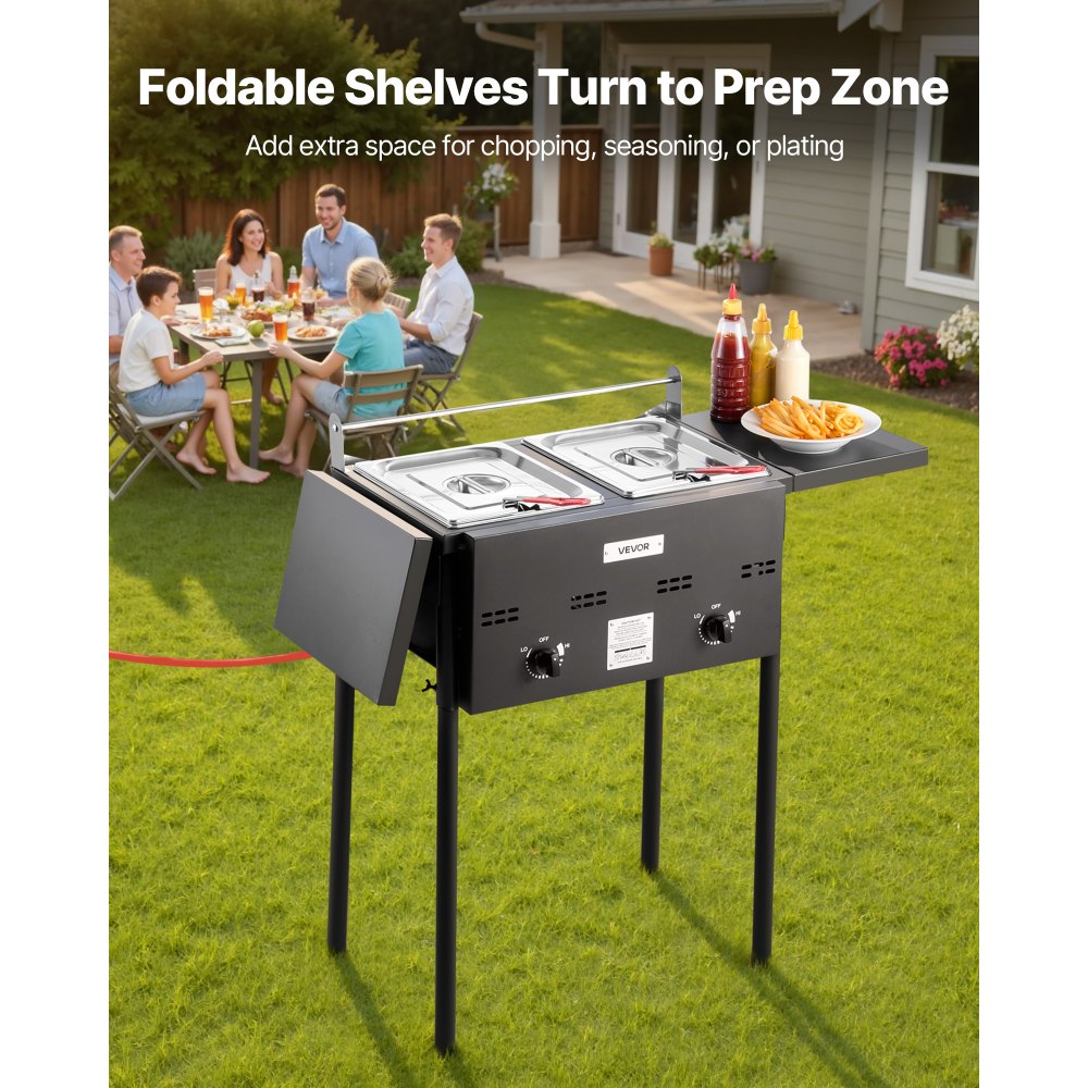 VEVOR Propan-Fritteuse Outdoor gewerbliche Fritteuse mit 2 Tanks (9 L x 2), Edelstahl-Kocher mit faltbarer Plattform & Doppelkorb & Wärmeregulierung, Standfritteusen für Restaurants Snackbars