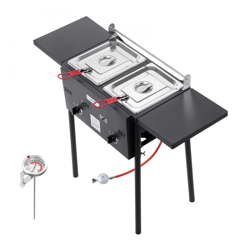 VEVOR Propan-Fritteuse Outdoor gewerbliche Fritteuse mit 2 Tanks (9 L x 2), Edelstahl-Kocher mit faltbarer Plattform & Doppelkorb & Wärmeregulierung, Standfritteusen für Restaurants Snackbars