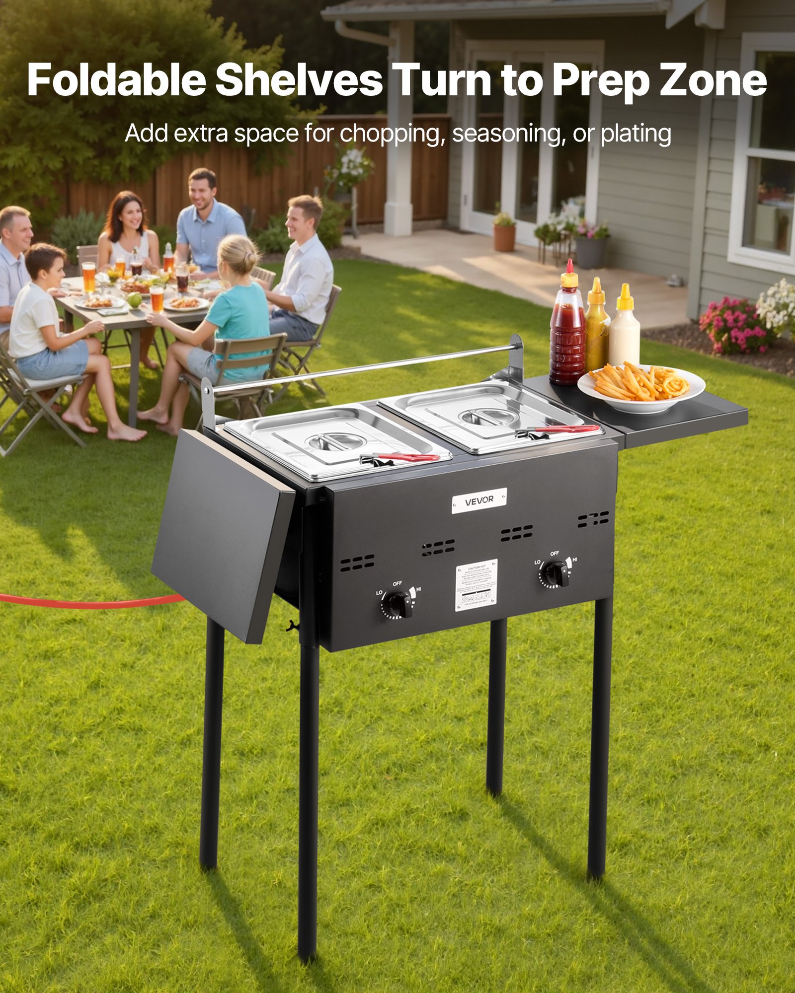 VEVOR Propan-Fritteuse Outdoor gewerbliche Fritteuse mit 2 Tanks (9 L x 2), Edelstahl-Kocher mit faltbarer Plattform & Doppelkorb & Wärmeregulierung, Standfritteusen für Restaurants Snackbars
