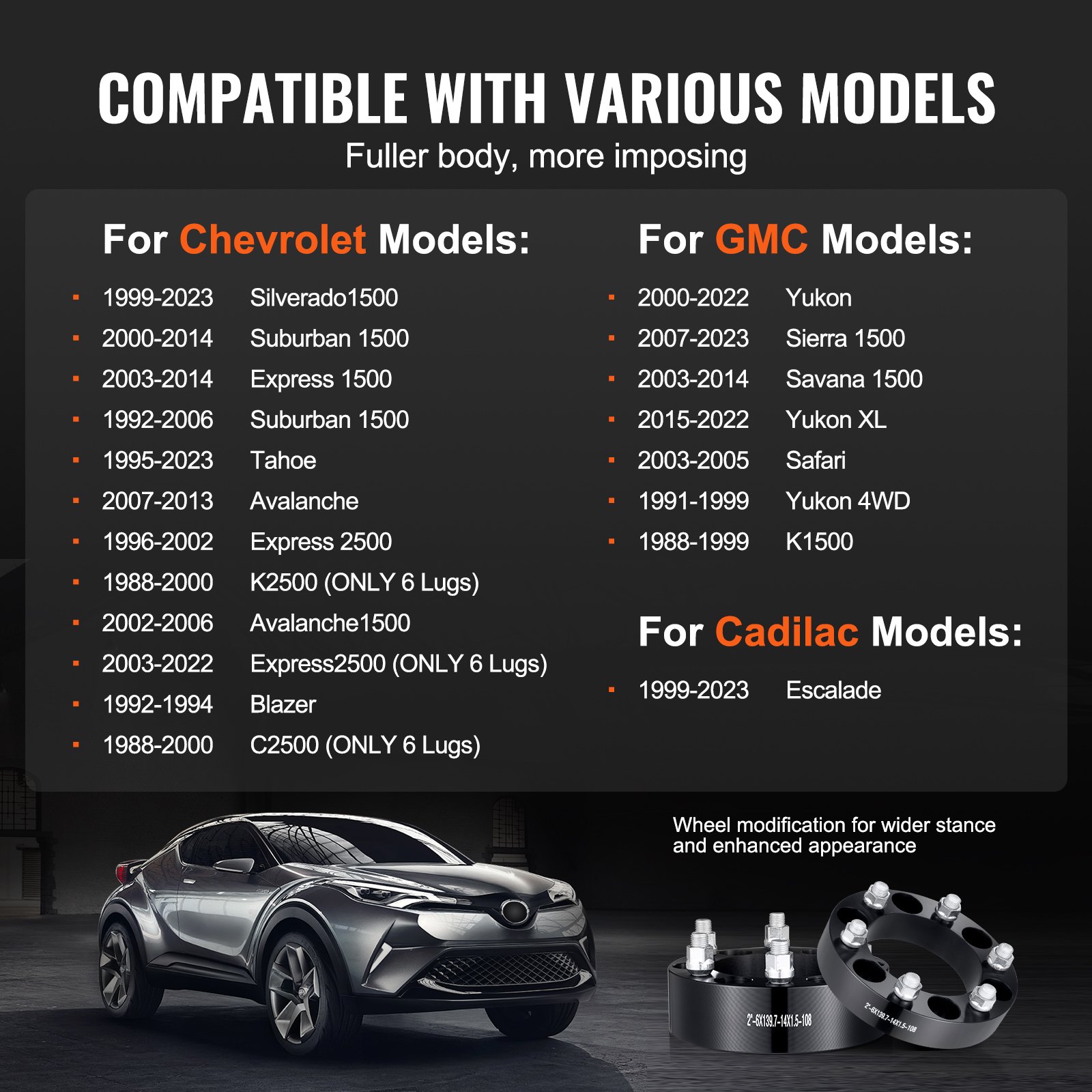 VEVOR Spurverbreiterungen, 2 Zoll 6 x 5,5 Zoll Radadapter, 6 Radbolzen, geschmiedet, 108 mm Bohrung, nabenzentrische M14 x 1,5 Bolzen-Abstandshalter, passend für 88–23 Chevrolet, GMC und Cadillac