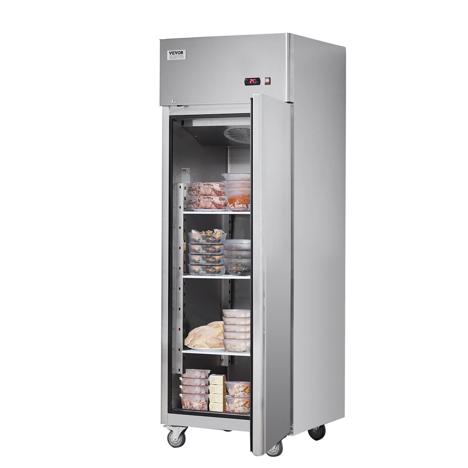 VEVOR Gewerbe-Gefrierschrank 570 L, Gefrierschrank mit Einzeltür, Edelstahl-Gefrierschrank mit automatischer Abtauung, 3 verstellbaren Ablagen, Temperaturregelung von -25 bis -15 ℃ und 4 Rädern