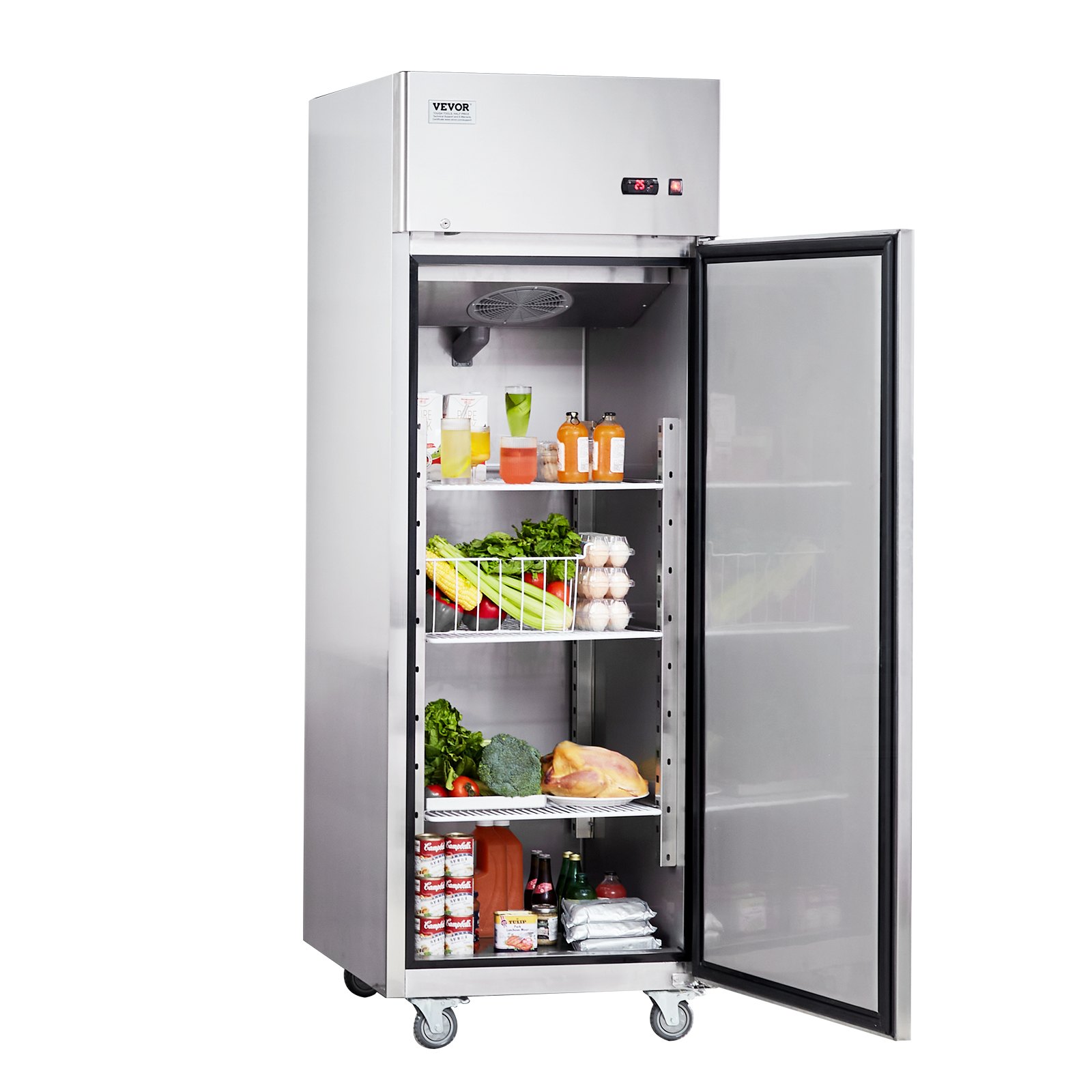 VEVOR Gewerbekühlschrank 570 L, Kühlschrank mit Einzeltür, Edelstahl-Kühlschrank mit automatischer Abtauung, 3 Ablagen, Temperaturregelung von -2 ~ + 8 °C und 4 Rädern