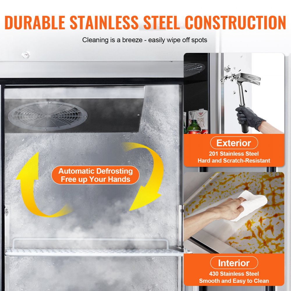 VEVOR Gewerbekühlschrank 1100 L, 2 Türen, Edelstahl-Kühlschrank mit automatischer Abtauung, 6 Ablagen, Temperaturregelung von  -2 bis + 8 °C und 4 Rädern
