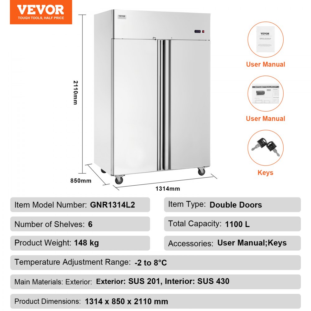 VEVOR Gewerbekühlschrank 1100 L, 2 Türen, Edelstahl-Kühlschrank mit automatischer Abtauung, 6 Ablagen, Temperaturregelung von  -2 bis + 8 °C und 4 Rädern