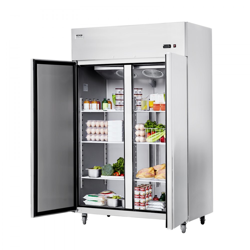 VEVOR Gewerbekühlschrank 1100 L, 2 Türen, Edelstahl-Kühlschrank mit automatischer Abtauung, 6 Ablagen, Temperaturregelung von  -2 bis + 8 °C und 4 Rädern