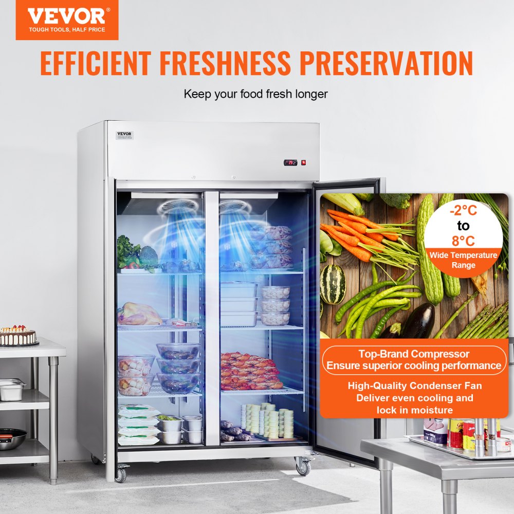 VEVOR commercial refrigerator 1100 L, 2 doors, stainless steel refrigerator with automatic defrost, 6 shelves, temperature control from -2 to +8 °C and 4 wheels