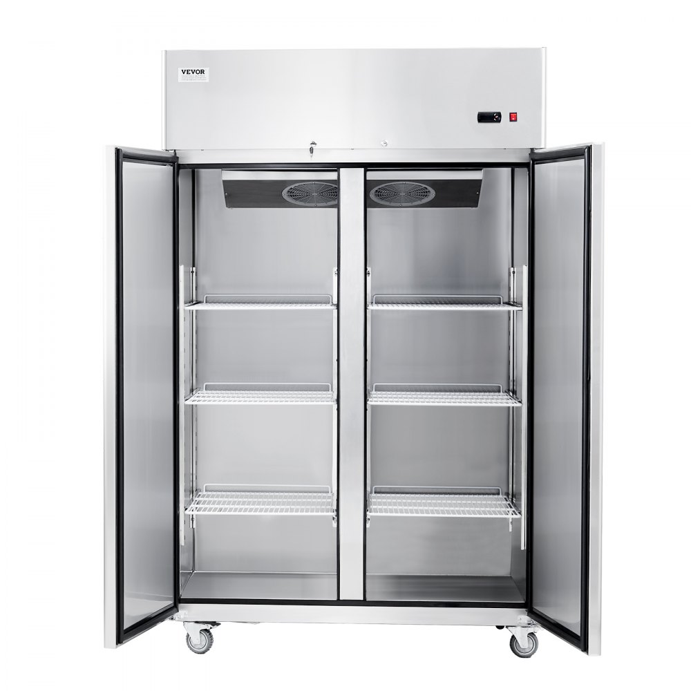 VEVOR commercial refrigerator 1100 L, 2 doors, stainless steel refrigerator with automatic defrost, 6 shelves, temperature control from -2 to +8 °C and 4 wheels