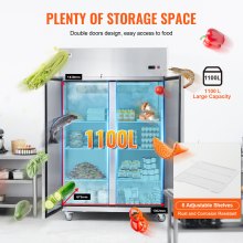 VEVOR Gewerbekühlschrank 1100 L, 2 Türen, Edelstahl-Kühlschrank mit automatischer Abtauung, 6 Ablagen, Temperaturregelung von  -2 bis + 8 °C und 4 Rädern