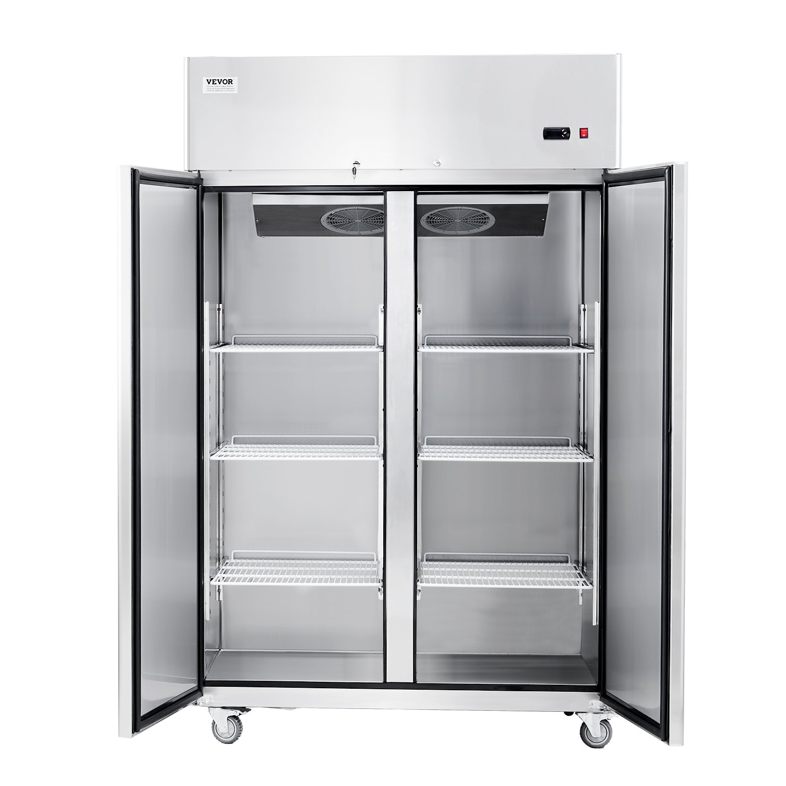VEVOR commercial refrigerator 1100 L, 2 doors, stainless steel refrigerator with automatic defrost, 6 shelves, temperature control from -2 to +8 °C and 4 wheels