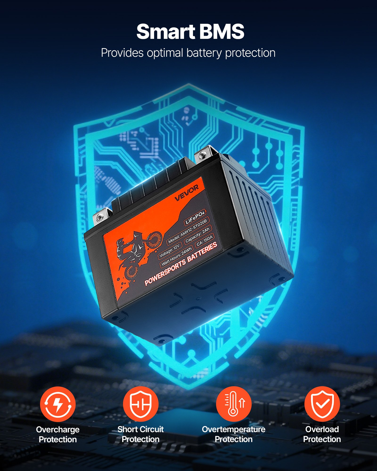VEVOR Motorradbatterie, 12 Volt 2 Ah, LiFePO4 Lithium vorgeladene Powersports-Batterie, wartungsfrei und leistungsstark, kompatibel mit ATV, Motorrad, Jetski, Roller, UTV und mehr