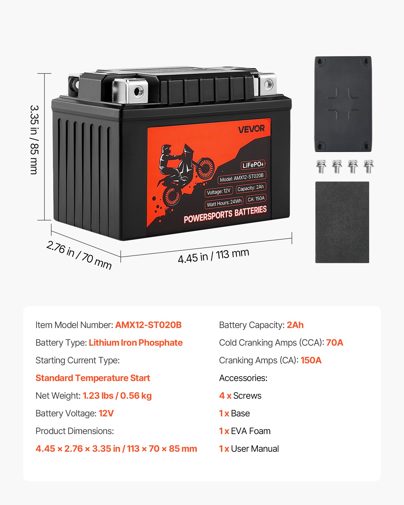 VEVOR Motorradbatterie, 12 Volt 2 Ah, LiFePO4 Lithium vorgeladene Powersports-Batterie, wartungsfrei und leistungsstark, kompatibel mit ATV, Motorrad, Jetski, Roller, UTV und mehr