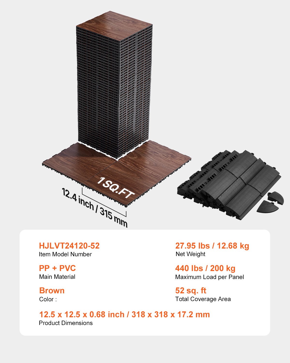 VEVOR Tanzbodenfliesen,  315x315x17,2 mm, 52-teiliger ineinandergreifender Tanzboden, tragbarer Tanzübungsboden mit gepolsterter Basis (Eichenholzmaserung, 52 Quadratfuß/Karton)