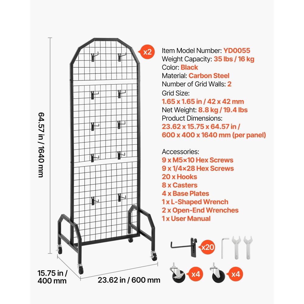 VEVOR Gitterwandpaneele Gitterwand 60 x 164 cm 2 Stk. rollbarer Präsentationsständer mit 20 Haken, Präsentationsregale aus Karbonstahl, Kunstausstellungsregal für Dekoration Lagerung, schwarz