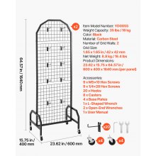 VEVOR Gitterwandpaneele Gitterwand 60 x 164 cm 2 Stk. rollbarer Präsentationsständer mit 20 Haken, Präsentationsregale aus Karbonstahl, Kunstausstellungsregal für Dekoration Lagerung, schwarz