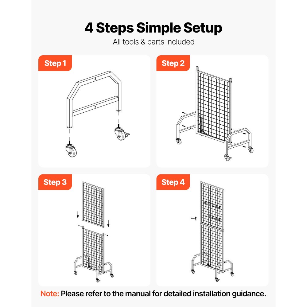 VEVOR Grid Wall Panel, 600 x 1640 mm Wire Grid Panels Display Rack, Movable Art Display Shelf with Wheels and 10 Hooks, Black Carbon Steel Gridwall for Craft Show, Decoration, Storage, Notice Board