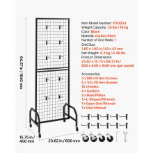 VEVOR Gitterwandpaneele Gitterwand 60 x 164 cm 1 Stk. rollbarer Präsentationsständer mit 10 Haken, Präsentationsregale aus Karbonstahl, Kunstausstellungsregal für Dekoration Lagerung Schwarz