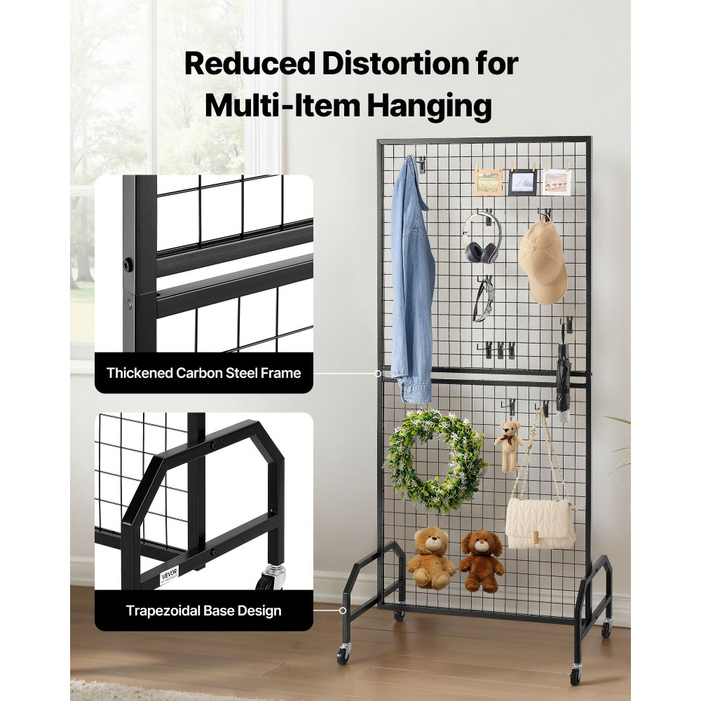 VEVOR 2 Packs Grid Wall Panels, 898 x 1798 mm Wire Grid Panels Display Rack, Movable Art Display Shelf with Wheels & 10 Hooks, Black Carbon Steel Gridwall for Craft Show, Decor, Storage, Notice Board