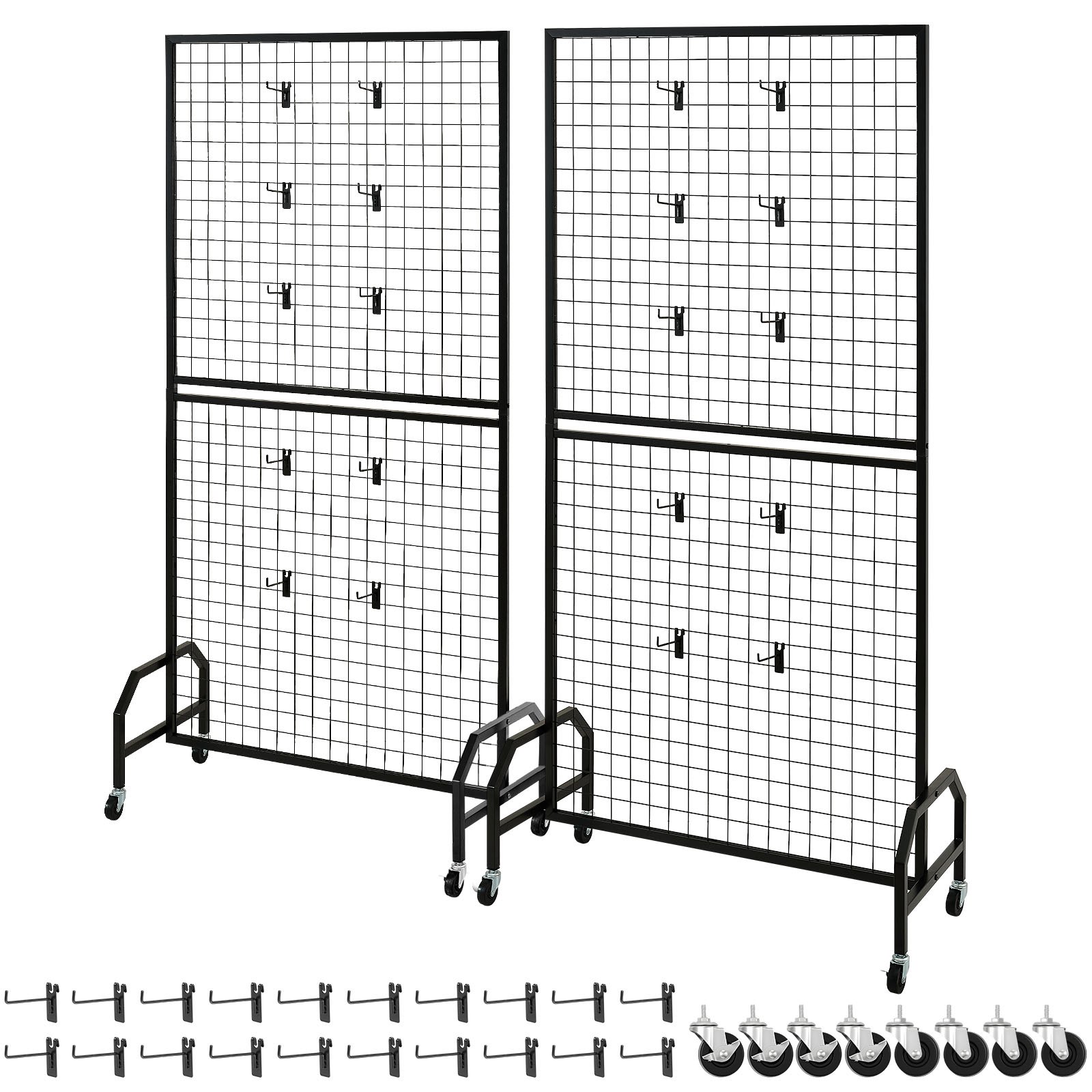 VEVOR 2 Packs Grid Wall Panels, 898 x 1798 mm Wire Grid Panels Display Rack, Movable Art Display Shelf with Wheels & 10 Hooks, Black Carbon Steel Gridwall for Craft Show, Decor, Storage, Notice Board