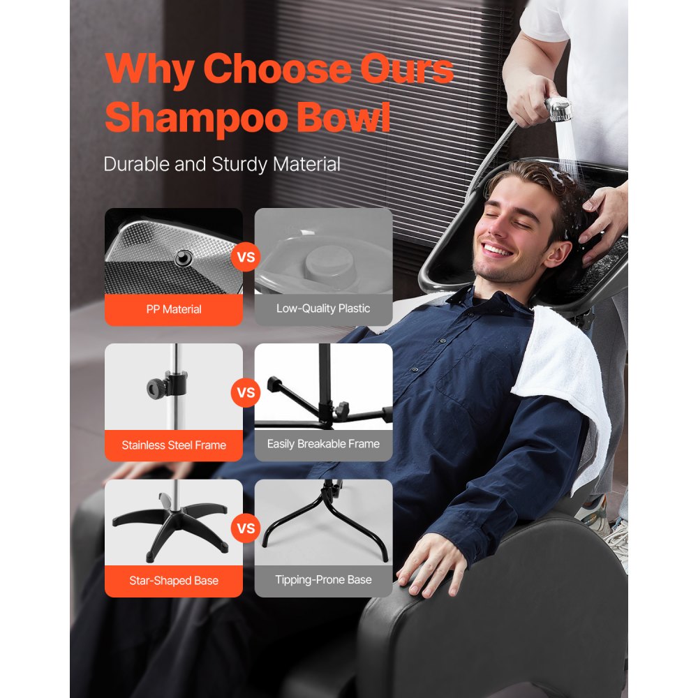 VEVOR mobiles Friseurwaschbecken, Haarwaschbecken, höhen-& winkelverstellbar, Kopfwaschbecken mit Ablaufschlauch & Stützbasis, Waschbecken für Barbershop, Beauty-Spa-Center, Friseursalon