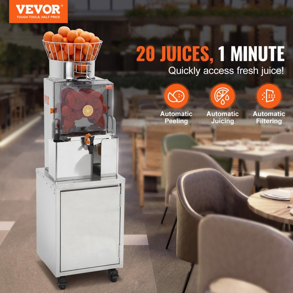 VEVOR Kommerzielle Orangenpresse Automatischer 120-W-Entsafter, Edelstahl-Orangenpresse für 25 Orangen pro Minute, mit Herausziehbarer Filterbox, PC-Abdeckung Zitruspresse Saftpresse Elektrisch