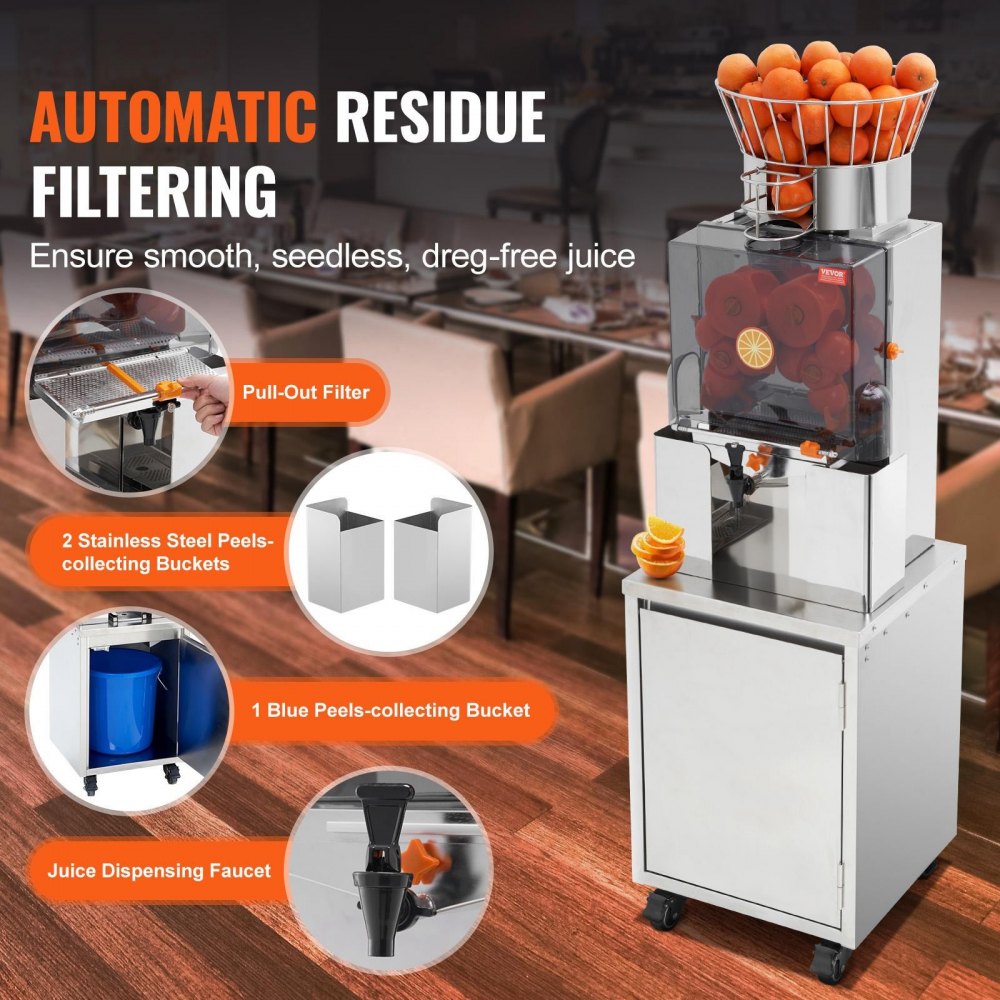 VEVOR Kommerzielle Orangenpresse Automatischer 120-W-Entsafter, Edelstahl-Orangenpresse für 25 Orangen pro Minute, mit Herausziehbarer Filterbox, PC-Abdeckung Zitruspresse Saftpresse Elektrisch