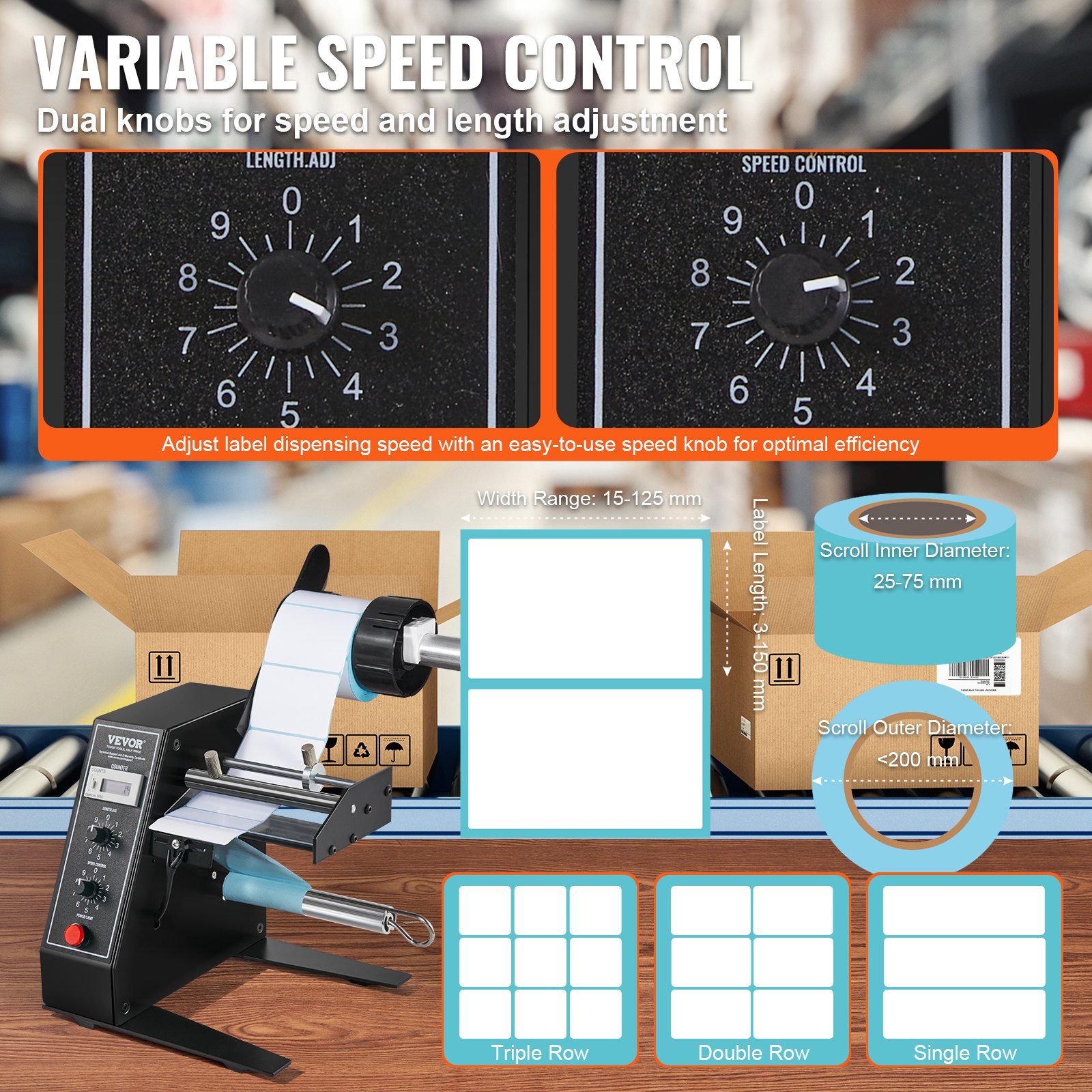 VEVOR Automatischer Etikettenspender, Breite 15-125 mm, Länge 3-150 mm, Etikettenabstreifer, Etikettentrennmaschine, stufenlose Geschwindigkeitseinstellung, Etikettenapplikator, max. Zählung 0-999999