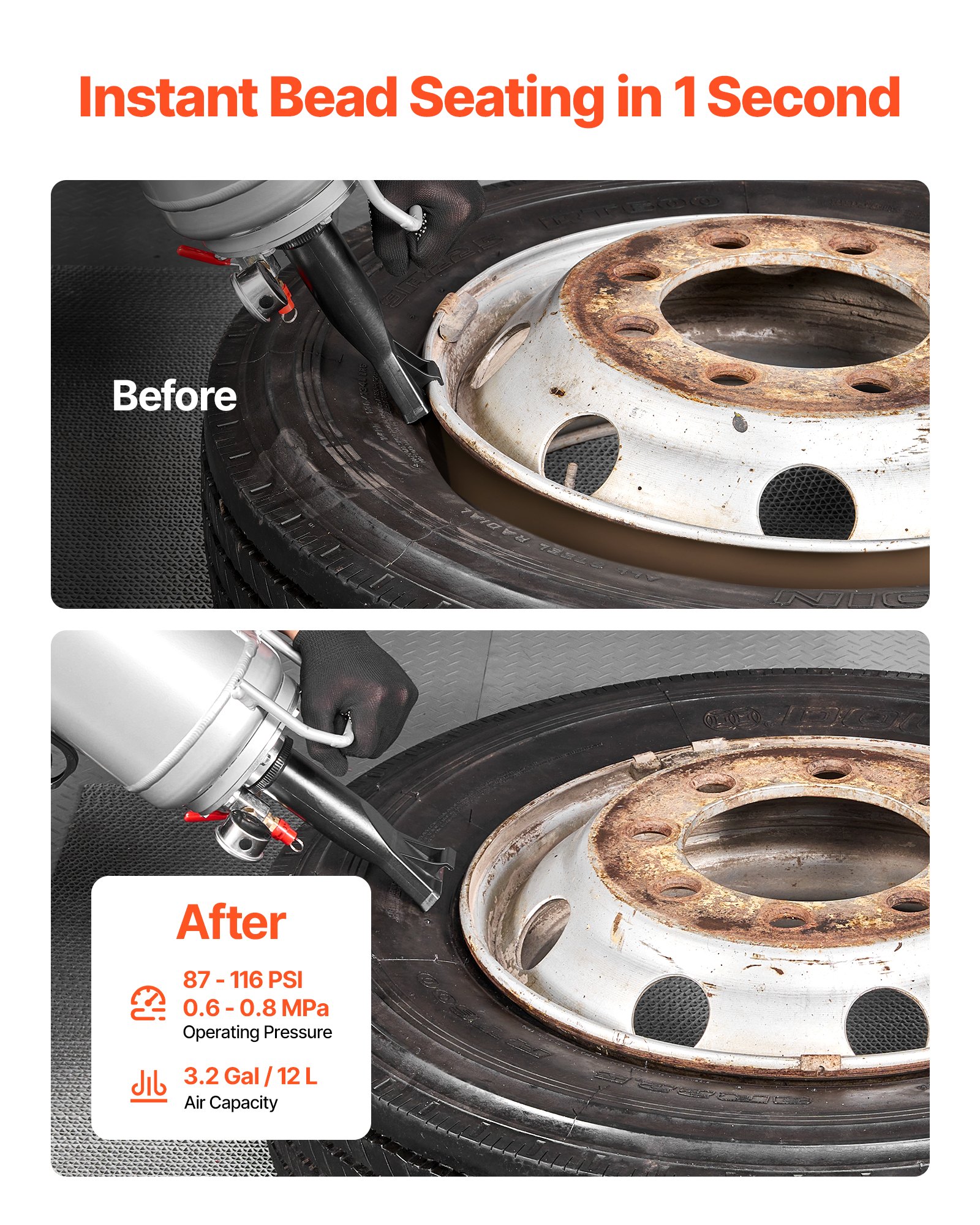 VEVOR Portable Tire Bead Seater, 3.2 Gal / 12 L Air Bead Blaster, Handheld Tire Inflator Tool, 87-116 PSI Operating Pressure, Trigger Seating Inflator for Car, Compact SUV, Light Truck, E-Bike, RV, ATV