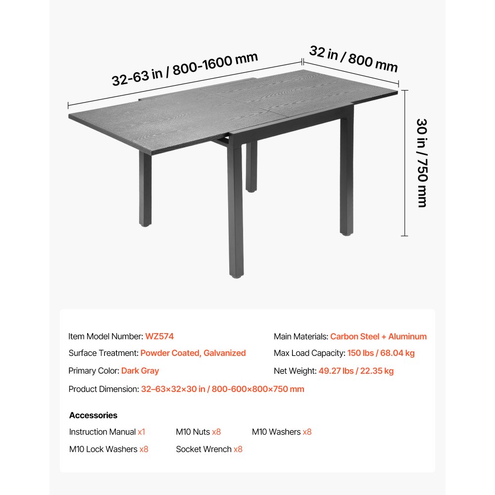 VEVOR ausziehbarer Terrassentisch Gartentisch Balkontisch (80-160 cm) aus Kohlenstoffstahl + Aluminium, Esstisch für Outdoor Hof Terrasse Garten Veranda, wasserfest, 68 kg Tragkraft Dunkelgrau