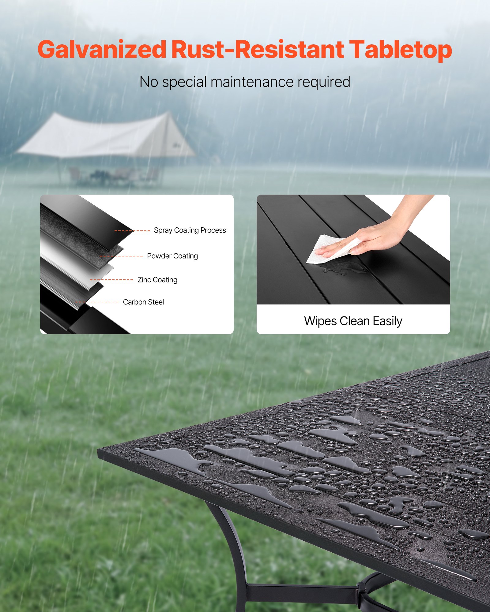 VEVOR Terrassentisch Gartentisch Balkontisch (1500 x 960 x 725 mm) aus Kohlenstoffstahl rechteckier Esstisch für Hof Terrasse Garten Veranda, wasserfest, mit 38 mm Schirmloch, 68 kg Tragkraft Schwarz