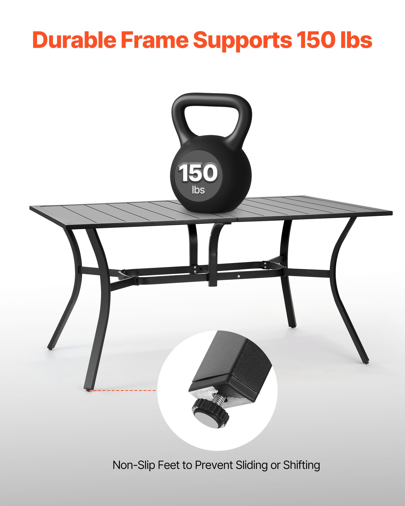 VEVOR Terrassentisch Gartentisch Balkontisch (1500 x 960 x 725 mm) aus Kohlenstoffstahl rechteckier Esstisch für Hof Terrasse Garten Veranda, wasserfest, mit 38 mm Schirmloch, 68 kg Tragkraft Schwarz