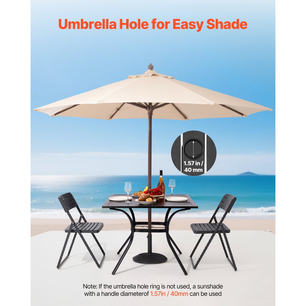 VEVOR Terrassentisch Gartentisch Balkontisch (94 x 94 cm) aus Kohlenstoffstahl quadratischer Esstisch für Outdoor Hof Terrasse Garten Veranda, wasserfest, mit Schirmloch, 68 kg Tragkraft Schwarz