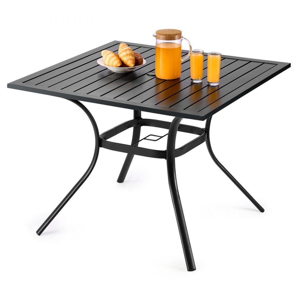 VEVOR Terrassentisch Gartentisch Balkontisch (94 x 94 cm) aus Kohlenstoffstahl quadratischer Esstisch für Outdoor Hof Terrasse Garten Veranda, wasserfest, mit Schirmloch, 68 kg Tragkraft Schwarz