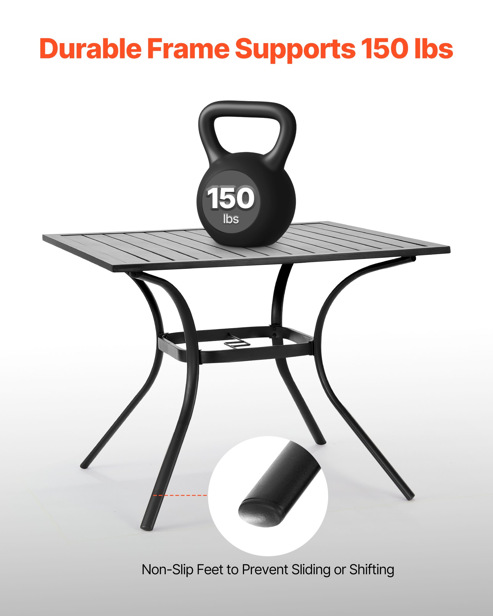 VEVOR Terrassentisch Gartentisch Balkontisch (94 x 94 cm) aus Kohlenstoffstahl quadratischer Esstisch für Outdoor Hof Terrasse Garten Veranda, wasserfest, mit Schirmloch, 68 kg Tragkraft Schwarz