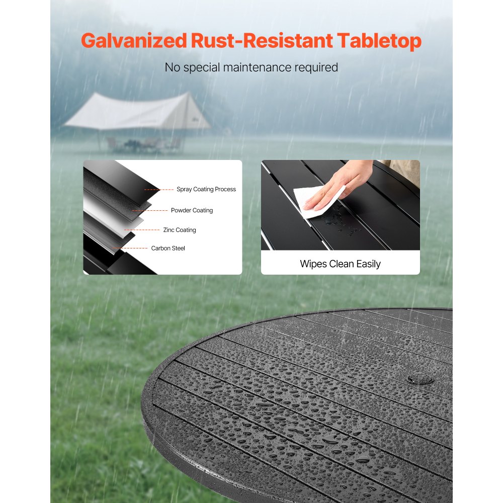 VEVOR Terrassentisch Gartentisch Balkontisch (1200 x 725 mm) aus Kohlenstoffstahl runder Esstisch für Outdoor Hof Terrasse Garten Veranda, wasserfest, mit 38 mm Schirmloch, 68 kg Tragkraft Schwarz