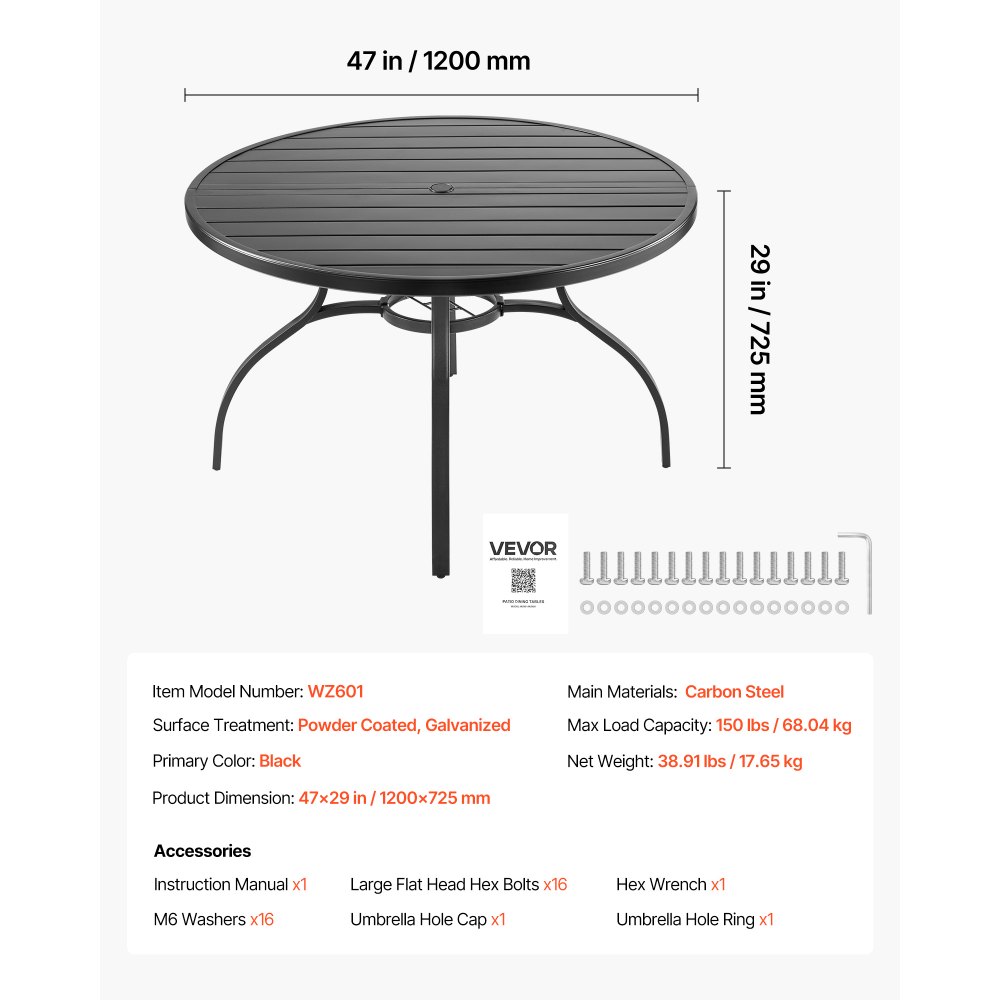 VEVOR Terrassentisch Gartentisch Balkontisch (1200 x 725 mm) aus Kohlenstoffstahl runder Esstisch für Outdoor Hof Terrasse Garten Veranda, wasserfest, mit 38 mm Schirmloch, 68 kg Tragkraft Schwarz