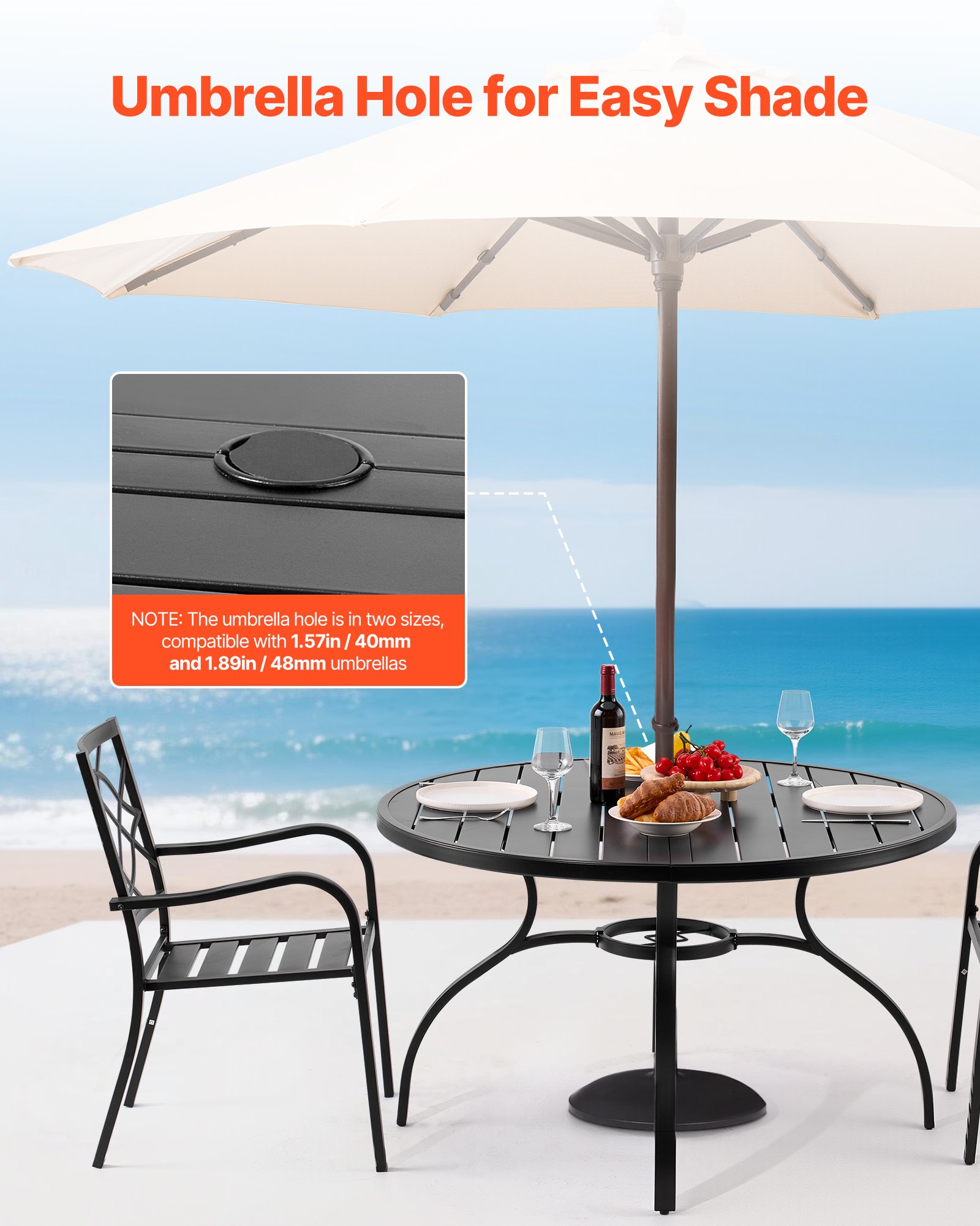 VEVOR Terrassentisch Gartentisch Balkontisch (1200 x 725 mm) aus Kohlenstoffstahl runder Esstisch für Outdoor Hof Terrasse Garten Veranda, wasserfest, mit 38 mm Schirmloch, 68 kg Tragkraft Schwarz