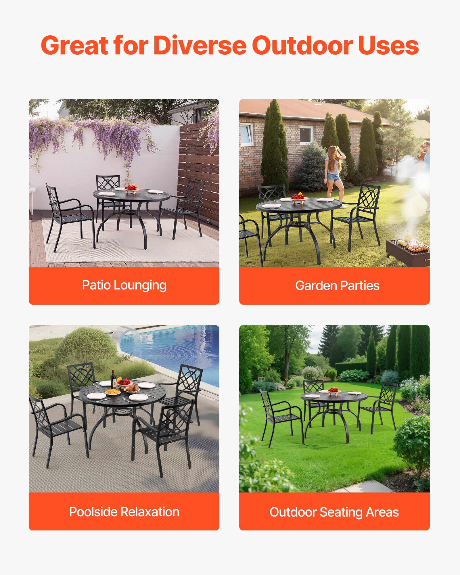 VEVOR Terrassentisch Gartentisch Balkontisch (1200 x 725 mm) aus Kohlenstoffstahl runder Esstisch für Outdoor Hof Terrasse Garten Veranda, wasserfest, mit 38 mm Schirmloch, 68 kg Tragkraft Schwarz