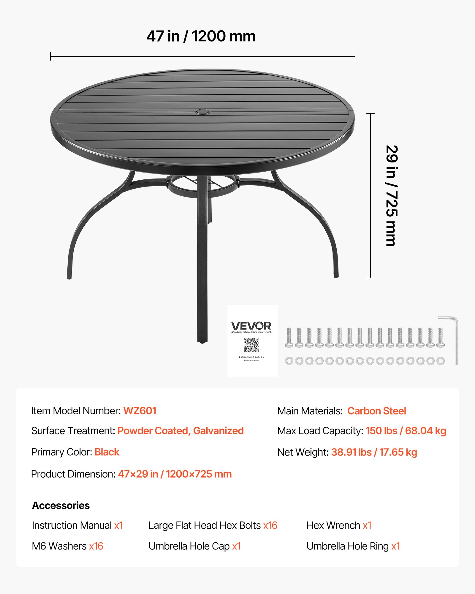 VEVOR Terrassentisch Gartentisch Balkontisch (1200 x 725 mm) aus Kohlenstoffstahl runder Esstisch für Outdoor Hof Terrasse Garten Veranda, wasserfest, mit 38 mm Schirmloch, 68 kg Tragkraft Schwarz