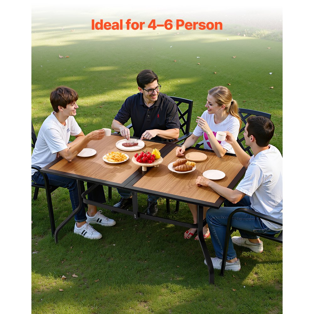 VEVOR Outdoor Patio Dining Table, 150cm Long Rectangular Wood-Like Steel Slat Backyard Bistro Tables for 4-6,  with 38mm Umbrella Hole, All-Weather Large Furniture for Lawn Garden Porch, Brown