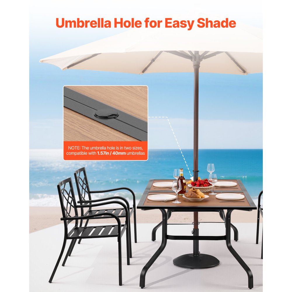 VEVOR Outdoor Patio Dining Table, 150cm Long Rectangular Wood-Like Steel Slat Backyard Bistro Tables for 4-6,  with 38mm Umbrella Hole, All-Weather Large Furniture for Lawn Garden Porch, Brown