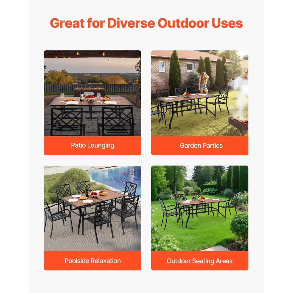 VEVOR Outdoor Patio Dining Table, 150cm Long Rectangular Wood-Like Steel Slat Backyard Bistro Tables for 4-6,  with 38mm Umbrella Hole, All-Weather Large Furniture for Lawn Garden Porch, Brown