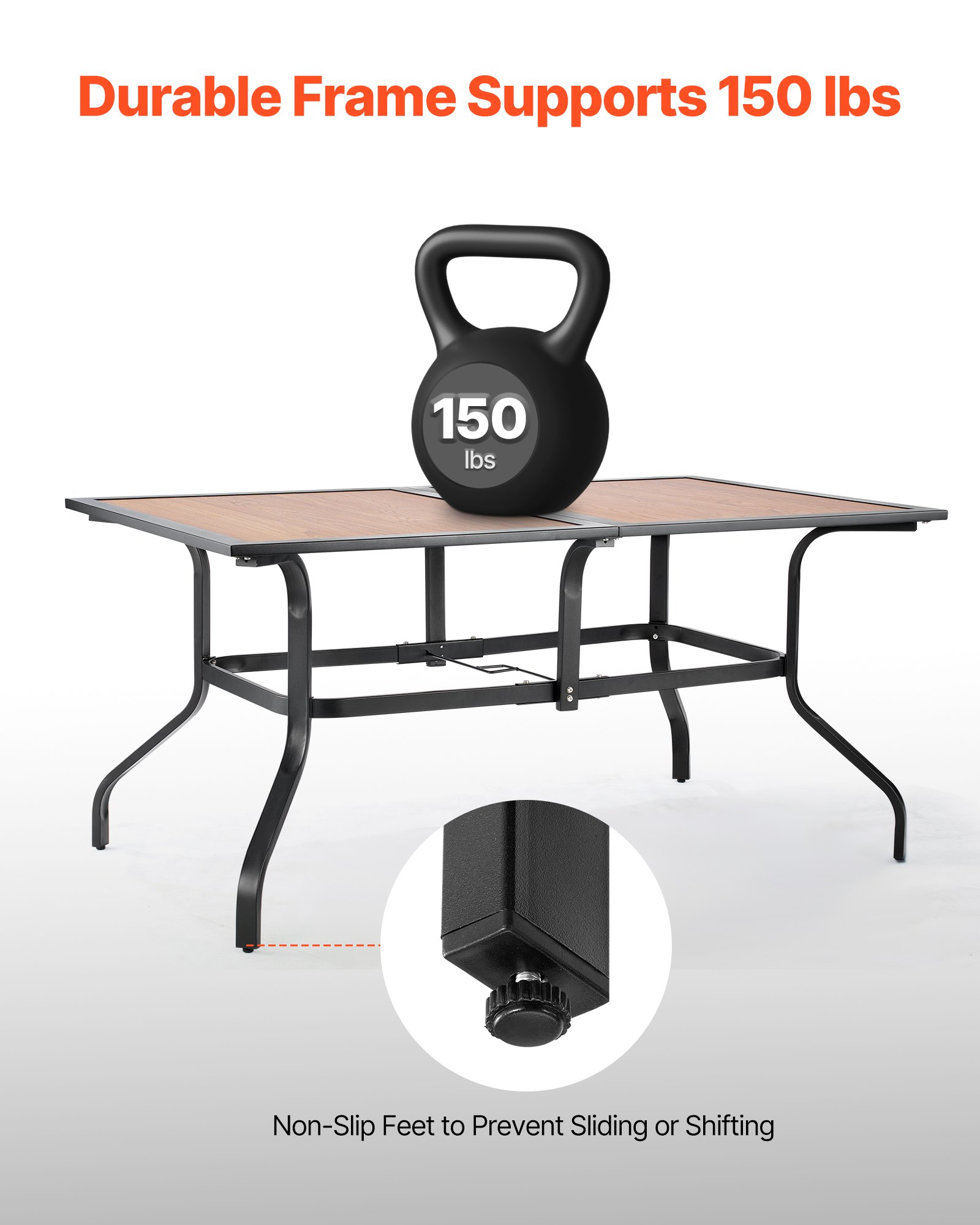 VEVOR Outdoor Patio Dining Table, 150cm Long Rectangular Wood-Like Steel Slat Backyard Bistro Tables for 4-6,  with 38mm Umbrella Hole, All-Weather Large Furniture for Lawn Garden Porch, Brown
